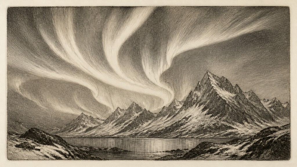 a flowing aurora over snowy peaks, wide sweeping composition, no people, no text