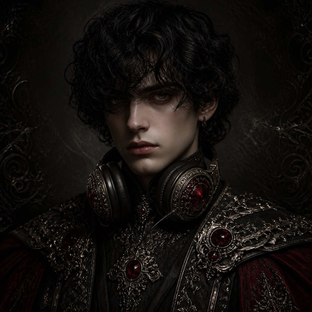 head-and-shoulders portrait of an original character: a young man with curly dark hair and headphones around his neck, plain backdrop, no text