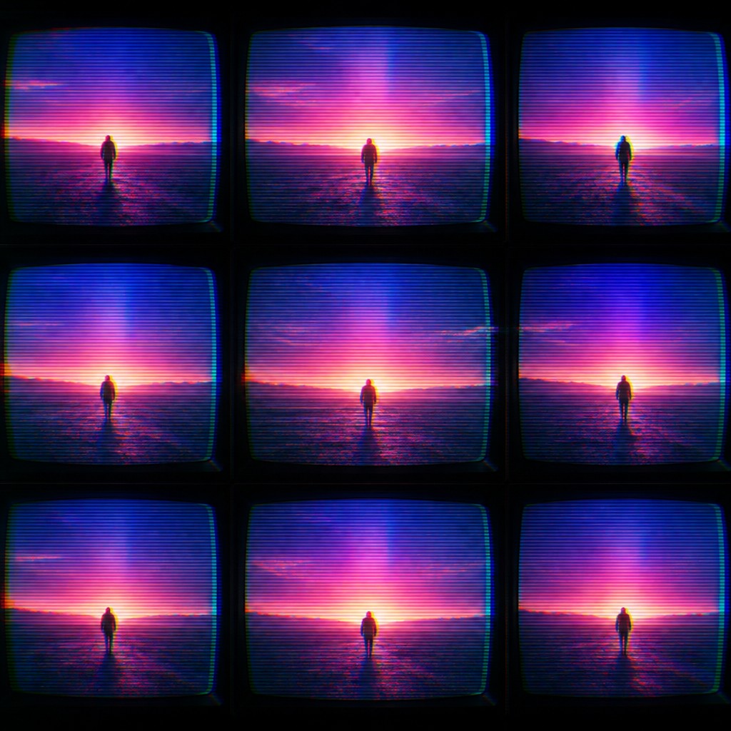 a solitary figure walking toward a glowing horizon across an empty plain, moody atmosphere, no text or lettering