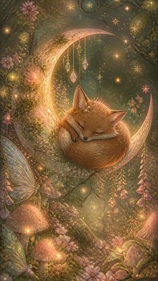 a sleeping baby fox curled on a crescent moon among soft stars, gentle and warm, no text