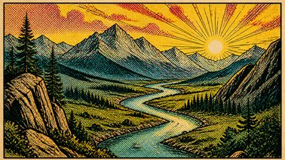 a vast valley with a river winding toward distant mountains at sunrise, no people, no text