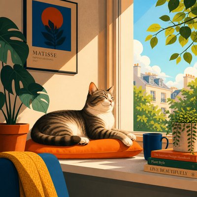 a cat lounging in a sunlit window
