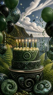 a birthday cake with lit candles surrounded by balloons and confetti, festive vertical composition, no text