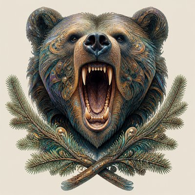 a roaring bear head above crossed pine branches, bold graphic composition on a plain background, no text