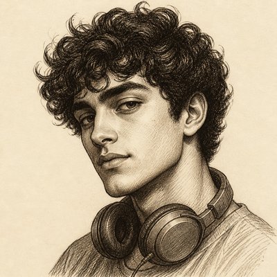 head-and-shoulders portrait of an original character: a young man with curly dark hair and headphones around his neck, plain backdrop, no text