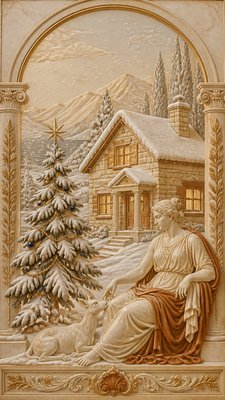 a snow-covered cottage with warm glowing windows beside a decorated pine tree, gentle snowfall, no text