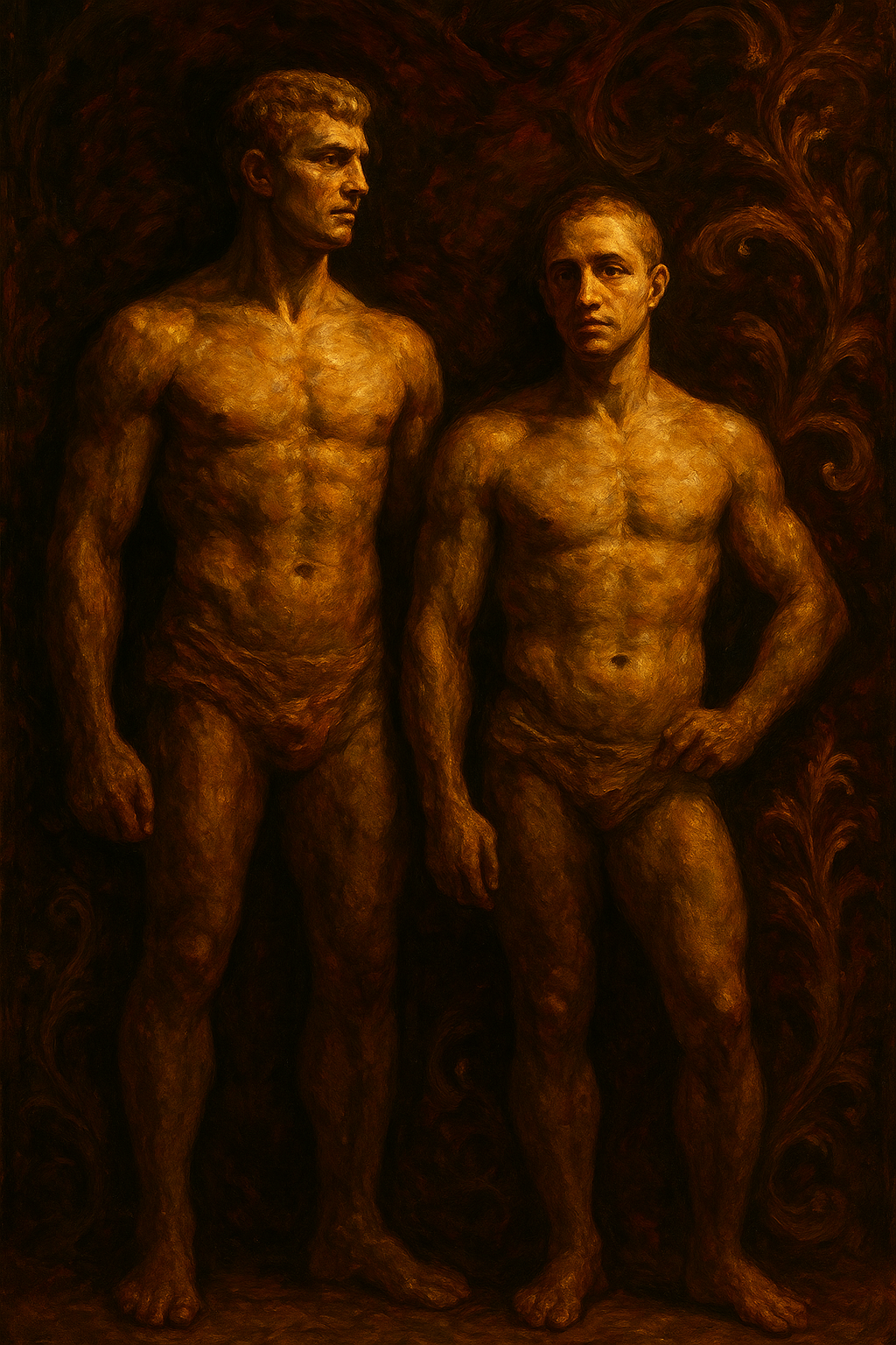 a painting of two naked men standing next to each other