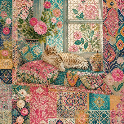 a cat lounging in a sunlit window