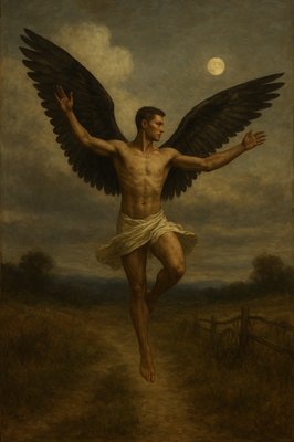 a painting of a man with wings on a path