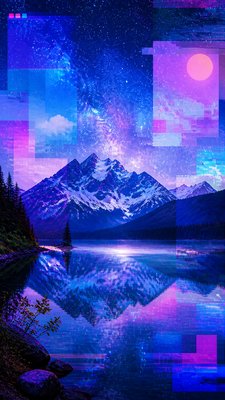 a tranquil mountain lake beneath a starry night sky, no people, no text
