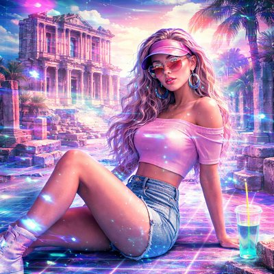 Vaporwave portrait of a retro girl with glitch effects, sitting in ancient Ephesus landscape with neon grid effects, cyan and magenta palette, surreal 80s mall aesthetic, masterpiece, best quality, ultra detailed, sharp focus, highly detailed