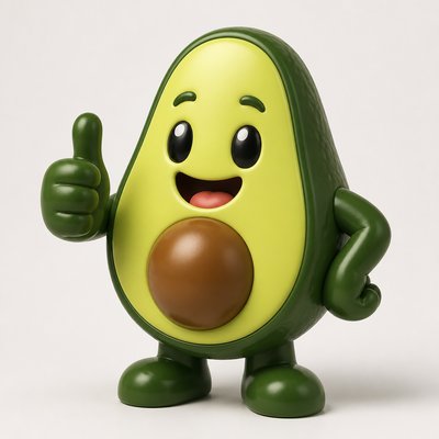 a happy avocado character giving a thumbs up, bold readable design on a plain background, no text