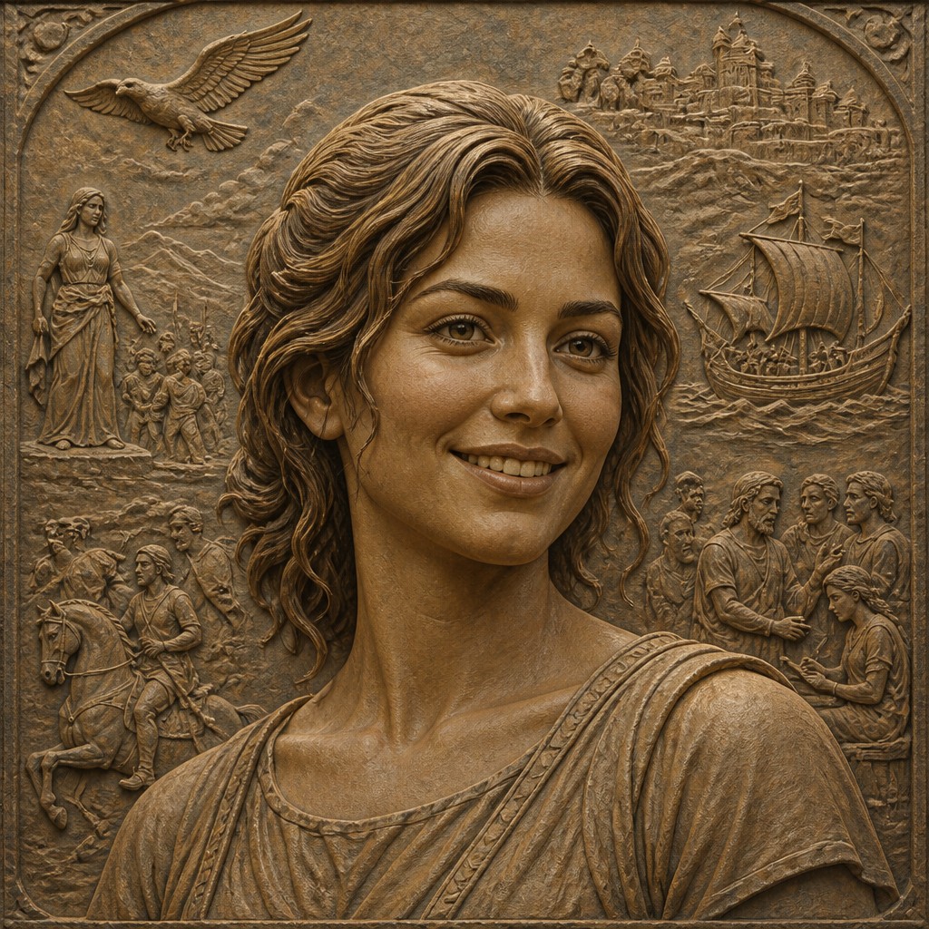 head-and-shoulders portrait of an original character: a young woman with wavy chestnut hair and a warm smile, plain soft backdrop
