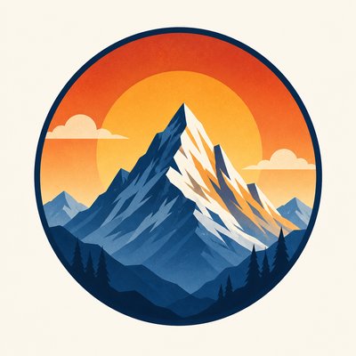 an emblem of a mountain peak inside a circle, simple bold shapes on a plain background, no text or lettering