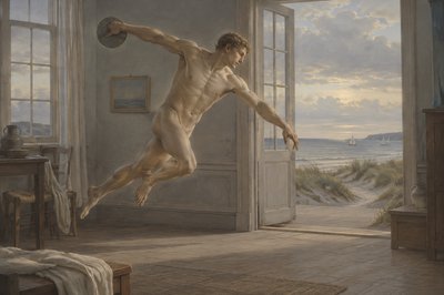greek ignudi athlete throwing a discus mid air