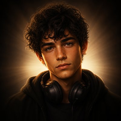 head-and-shoulders portrait of an original character: a young man with curly dark hair and headphones around his neck, plain backdrop, no text