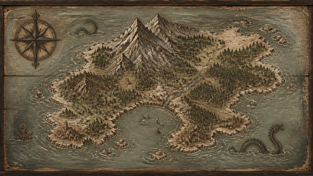 a map of an island realm with mountains, forests, a sheltered bay, sea monsters in the water and a compass rose, no text labels