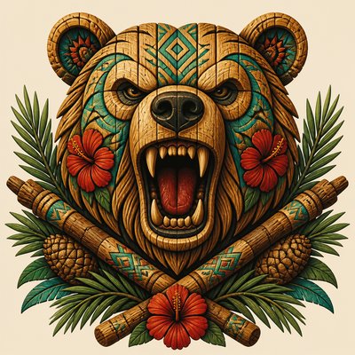 a roaring bear head above crossed pine branches, bold graphic composition on a plain background, no text