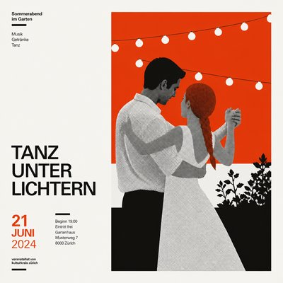 an original couple dancing under string lights in a garden at dusk: a man with short black hair in a linen shirt and a woman with braided red hair in a summer dress