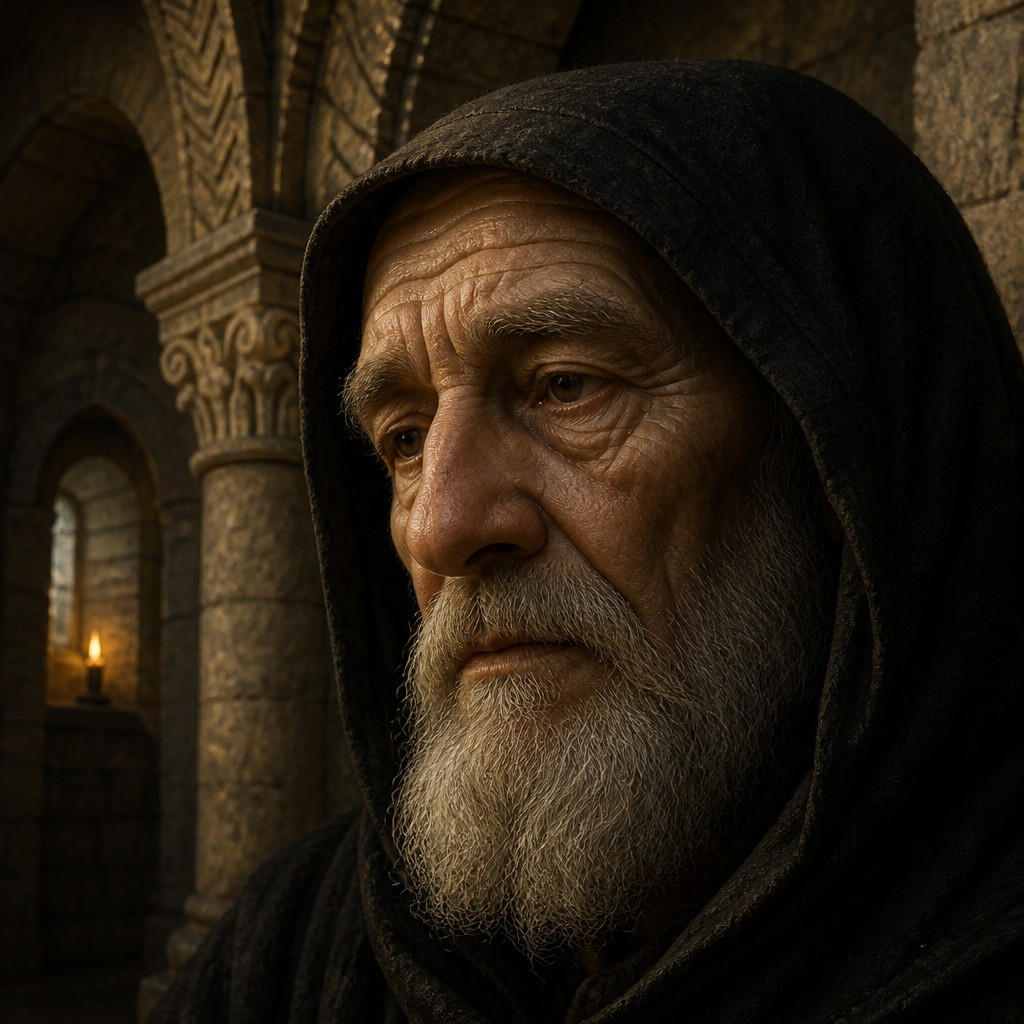 close-up portrait of an elderly person with expressive weathered features — Romanesque Architecture