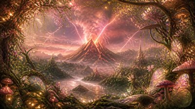 an erupting volcano with lightning strikes, dramatic wide composition, no text