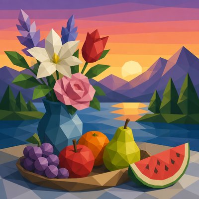 still life arrangement of fruits and flowers