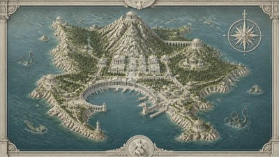 a map of an island realm with mountains, forests, a sheltered bay, sea monsters in the water and a compass rose, no text labels