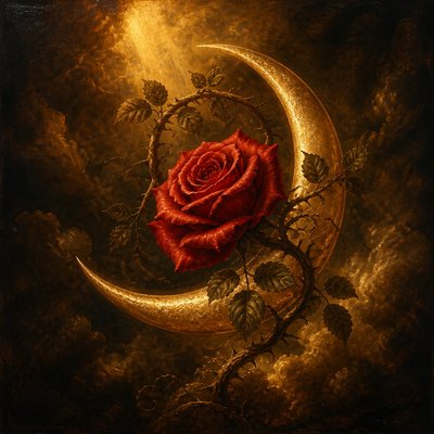 a rose entwined with a crescent moon, clean balanced composition on a plain background, no text