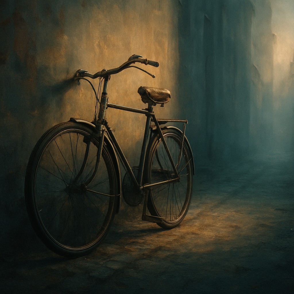 bicyle resting against a wall