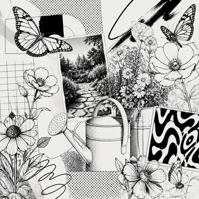 a garden scene with butterflies, flowers and a watering can, clean uncolored line art, no text
