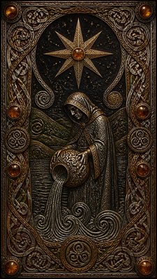 a robed figure pouring water beneath a large eight-pointed star in a night sky, symmetrical composition with an ornate decorative border, no text