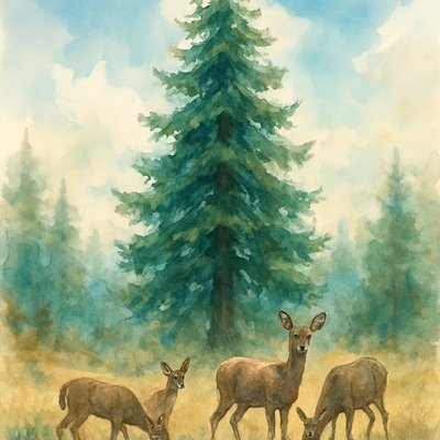 A serene and majestic watercolor painting, capturing the essence of a grand, towering evergreen tree (like the dominant one in the provided image) standing proudly in a sun-dappled, open forest glade. The tree's deep green needles are rendered with varying washes, showcasing its immense height and full, tiered branches that reach towards a partly cloudy, bright blue sky.

In the foreground and around the base of this glorious tree, two or three graceful mule deer are depicted. One might be grazing peacefully, another looking up towards the viewer with its large, expressive ears, and a fawn possibly tucked nearby. Their coats are rendered in soft, earthy watercolor tones of grey-brown, with delicate highlights and shading to suggest their gentle forms and distinctive white rumps and tails.

The surrounding landscape features a subtle ground cover of dry grasses and scattered undergrowth, characteristic of a high-desert or mountain forest floor, painted with soft, blended washes of ochre, sage green, and light brown. The sky above is a classic watercolor blend of soft blues and wispy white clouds. The overall mood is one of tranquil natural beauty, quiet majesty, and a harmonious coexistence of wildlife and ancient trees, rendered with the flowing, luminous quality of watercolor art