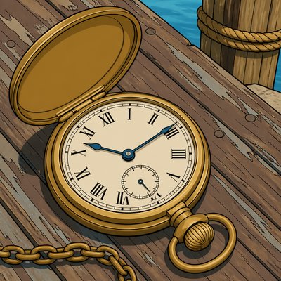 close-up of an antique brass pocket watch on weathered wood planks, no people