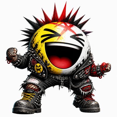 an exaggerated laughing face of an original round mascot character, bold and readable at small size, plain background, no text