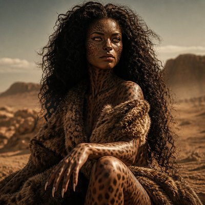 Fais moi une deesse noir et fort avec des cheveux afro et  elle est habille en fourrure  sans bijou elle représente la deesese du dessert. c’est une humain avec des yeux ferroses et des griffes acessere, elle a pas de frange ses cheveux sont long, elle a la 30 ene, elle est realiste. Elle a le corps genre la peau en leopard mais le visage presque humain et un nez de felin