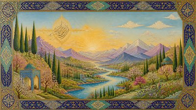 a vast valley with a river winding toward distant mountains at sunrise, no people, no text