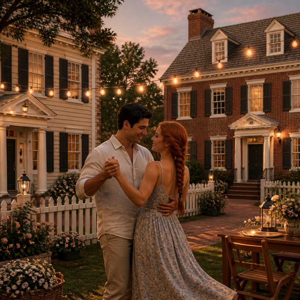 an original couple dancing under string lights in a garden at dusk: a man with short black hair in a linen shirt and a woman with braided red hair in a summer dress