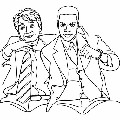 a black and white drawing of two men sitting next to each other
