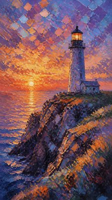 a lone lighthouse on a cliff at dusk under a dramatic sky, no text or lettering