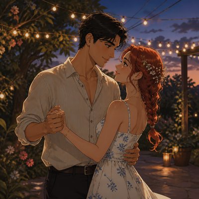 an original couple dancing under string lights in a garden at dusk: a man with short black hair in a linen shirt and a woman with braided red hair in a summer dress