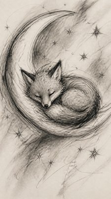 a sleeping baby fox curled on a crescent moon among soft stars, gentle and warm, no text