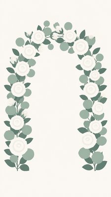 an arch of white roses and eucalyptus in soft morning light, elegant vertical composition with open space, no text