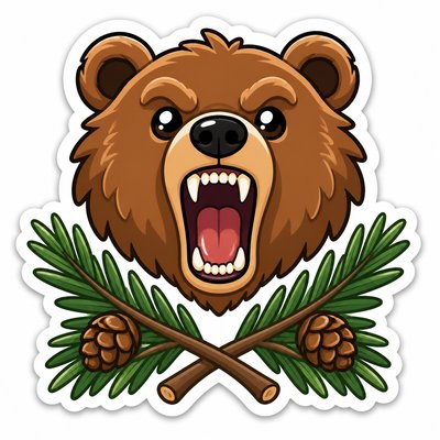 a roaring bear head above crossed pine branches, bold graphic composition on a plain background, no text