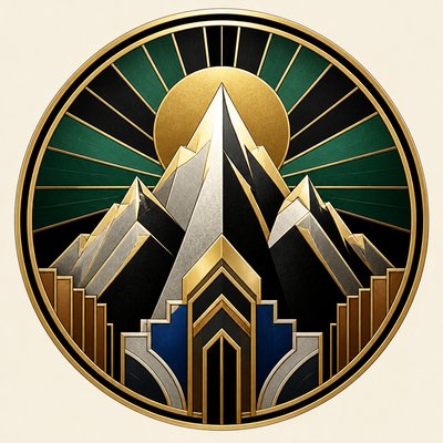 an emblem of a mountain peak inside a circle, simple bold shapes on a plain background, no text or lettering