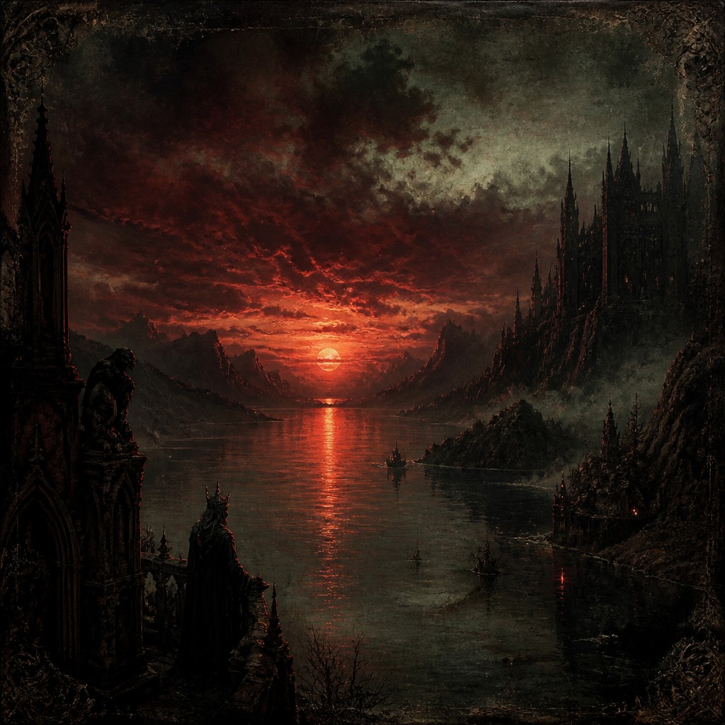 a dramatic sunset over calm water with silhouetted hills