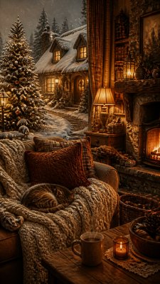 a snow-covered cottage with warm glowing windows beside a decorated pine tree, gentle snowfall, no text