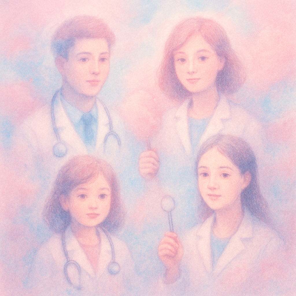 Generate obstetricus man, dermatologist, pediatrist girl, and dentistry girl in one abstract image