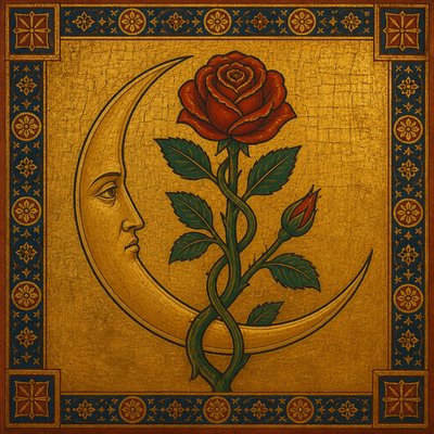 a rose entwined with a crescent moon, clean balanced composition on a plain background, no text