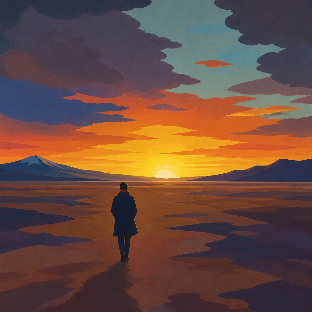 a solitary figure walking toward a glowing horizon across an empty plain, moody atmosphere, no text or lettering
