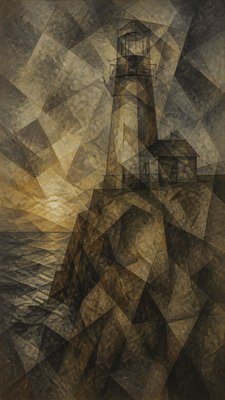 a lone lighthouse on a cliff at dusk under a dramatic sky, no text or lettering